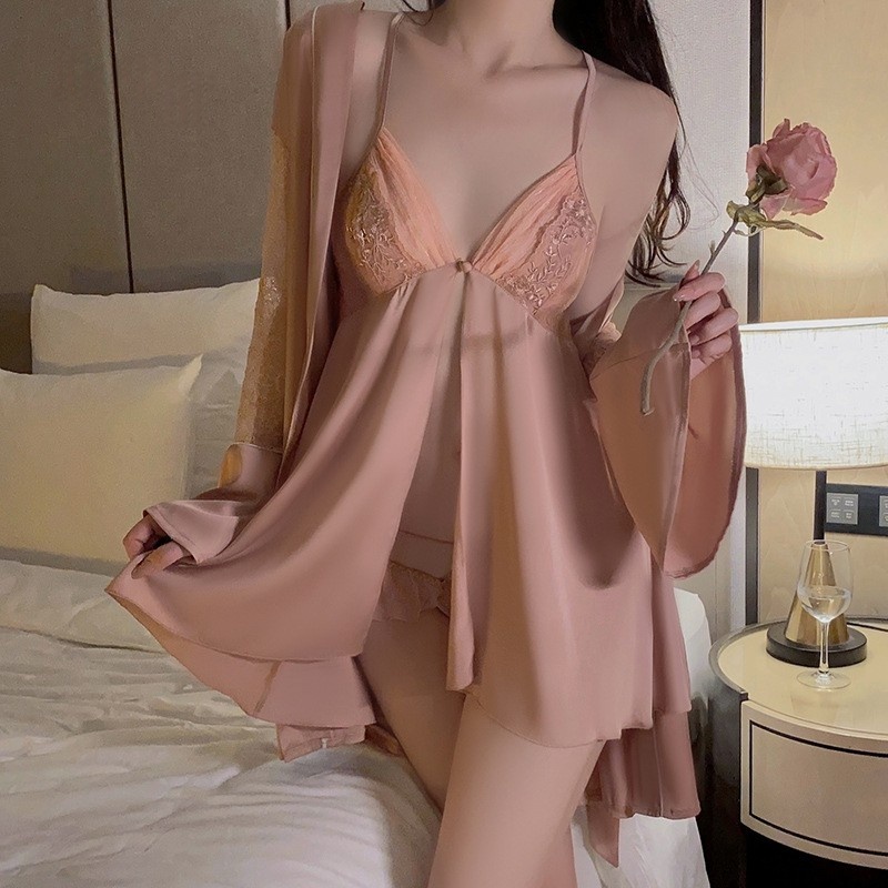 Satin Deep v-Hals verführerisch und unschuldig - Style Slip Nighthemd mit geteiltem Design, Spitzen- und Mesh -Fabrikspleißen, gepaart mit einem Gewand, Loungewear 2661 Preis:$199.99