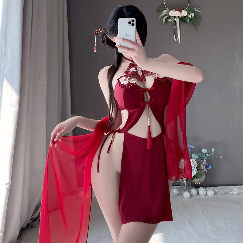 Retro - Stil sexy Dessous Set für Frauen: Halfter - Hals mit Krawatte - Updetails, zarte Stickerei, rein -noch - Verführerischer Stil, hohl - out und rückenfreies Design in einer Uniform - inspiriert Look 4291Price:$169.99