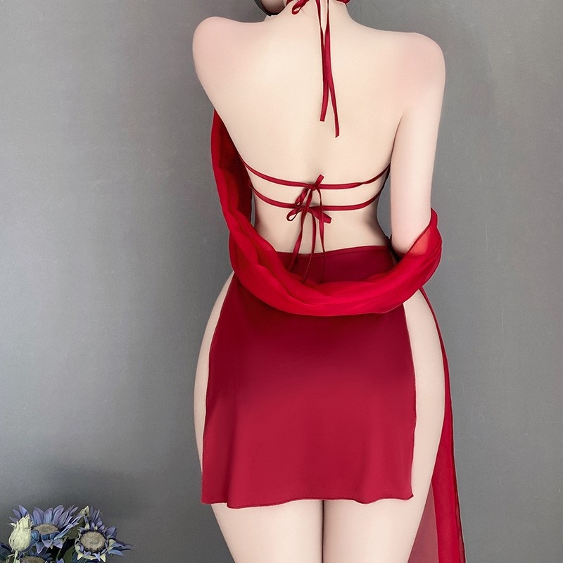Retro - Stil sexy Dessous Set für Frauen: Halfter - Hals mit Krawatte - Updetails, zarte Stickerei, rein -noch - Verführerischer Stil, hohl - out und rückenfreies Design in einer Uniform - inspiriert Look 4291Price:$169.99