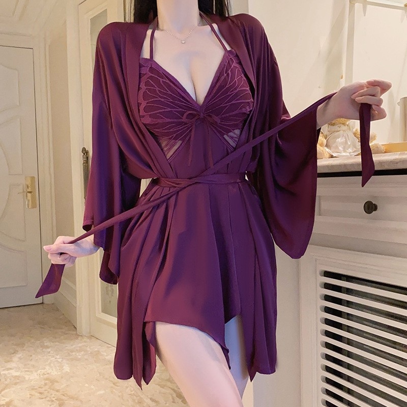 Sexy Schmetterlingsspitzen -Hosentäter Nachthemd mit Brustpolstern und einem tiefen V-Hals für einen verführerischen Look, hängen hängen-Neckstil, gepaart mit einem Roben, Homewear -Set.P3945 Preis:$199.99