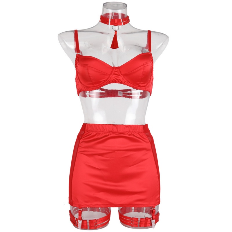 Sexy Satin-genähtes Mesh Sheer Bleistiftrock Quasten Women Frauen\'S Mode Dessous Five-Stück set.my96618 Preis:$119,99
