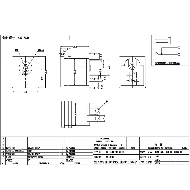 DC Socket DC-207, Direkteinfügung Audio Socket, zwei-Pin Kupferstift Stromladestecke