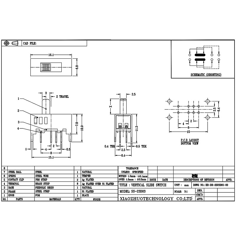 Slide Switch SS23D03, doppelt-Reihe acht-Pin drei-Position, Push Switch Customized Micro Slide Switch für Home Appliances