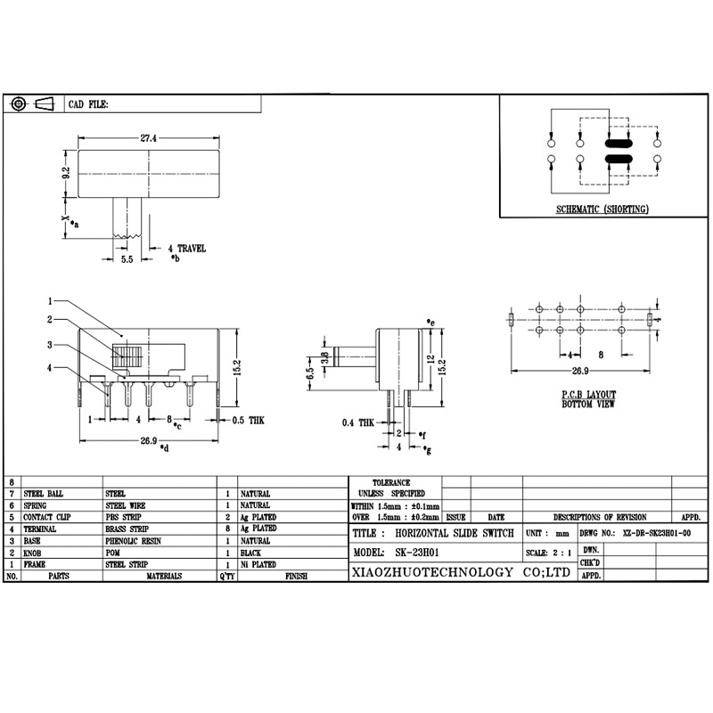 Slide Switch SK23H01 kleine bipolare drei-Position zwei-Reihe acht-Stift Horizontale Seite-Ziehen Sie den 2P3T -Schaltungsschalter an