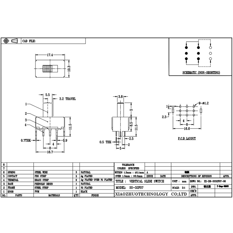 Slide Switch SS32F07 Zwei-Positionsleitschalter, drei-Weg an-aus der Seite-Position zwei-Position des STIF -MICRO MINI MINI ELEKTRONISCHER SCHALTER
