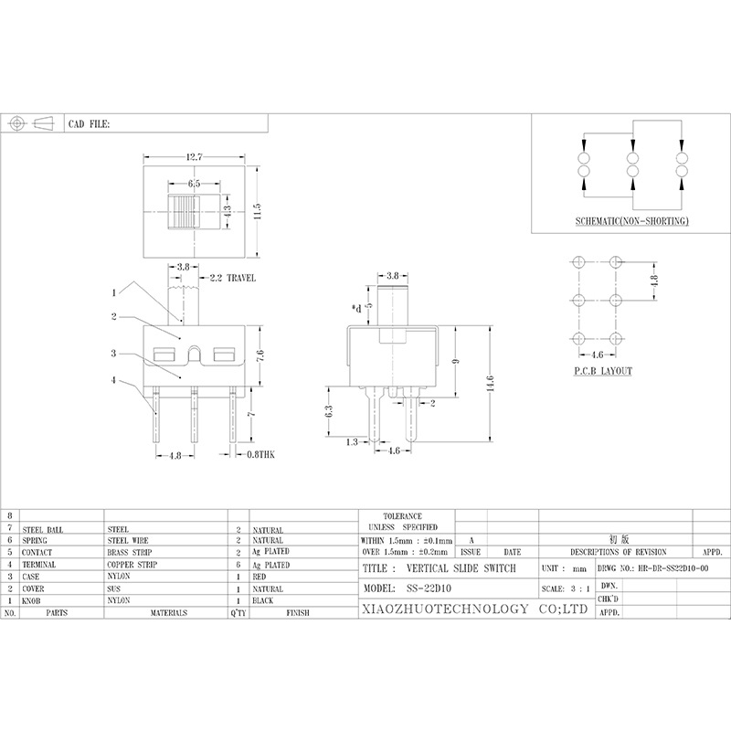 Slittschalter SS22D10 Hoch-Aktueller Folienschalter für medizinische Spielzeuge, Audiogeräte, elektronische Produkte, vertikale und vertikale Zug 2-Positionsleitschalter